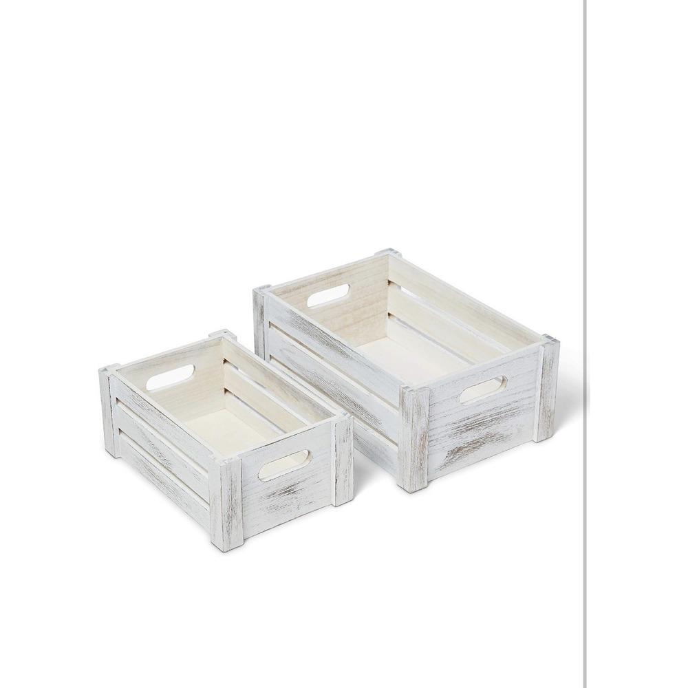 Farmhouse Wooden Crate Set | Whitewashed Nesting Storage Boxes Set of 2 - Picture 10 of 15